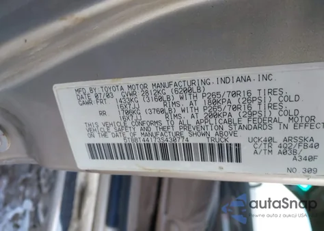 2003 Toyota Tundra Sr5 V8 from USA, damaged, VIN 5TBBT44173S430774